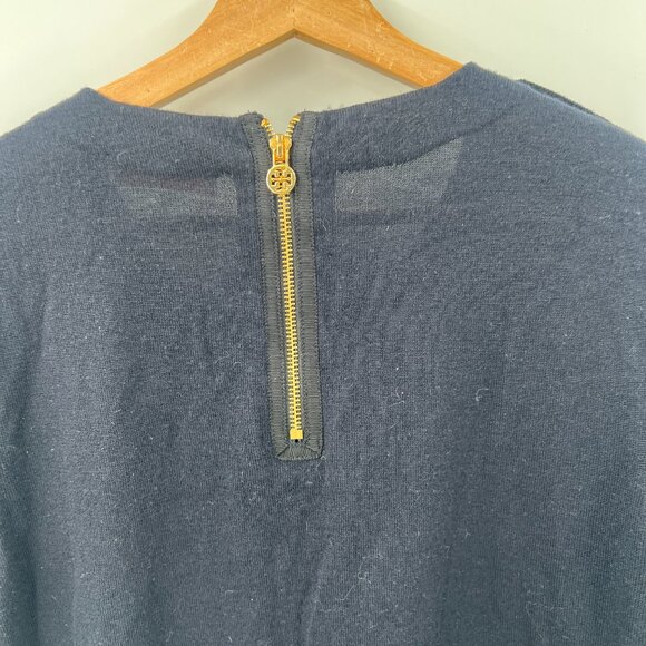 Tory Burch dark navy blue 100% merino wool sweater blouse half sleeve gold top L - Picture 11 of 13